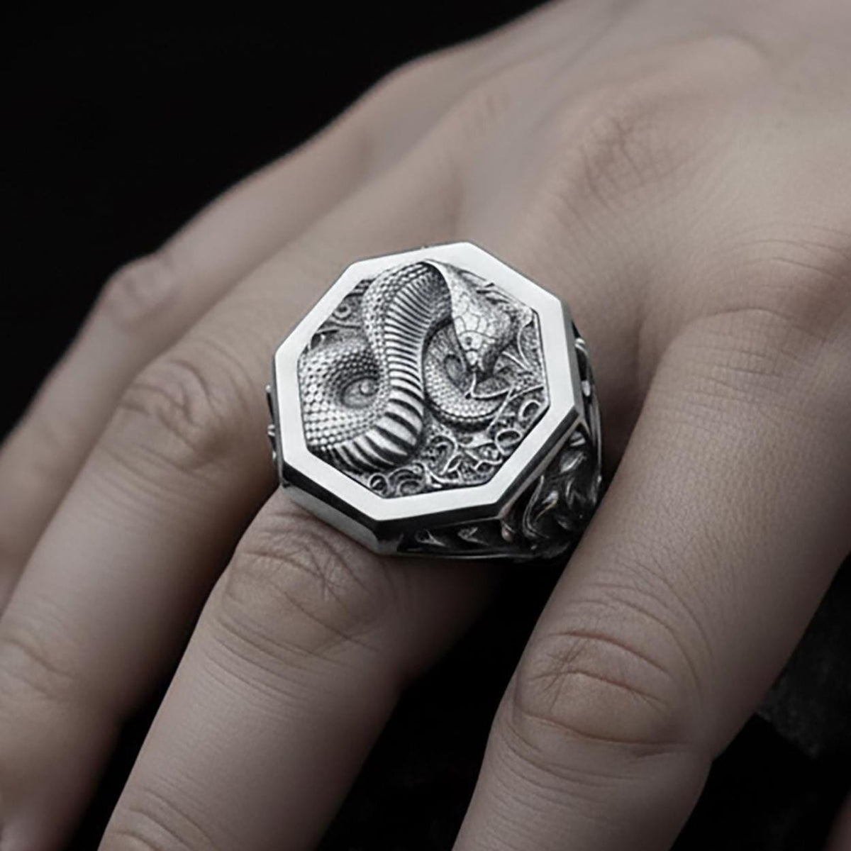 Sterling Silver Snake Ring, Gothic Serpent Cobra, Punk Skeleton Ring