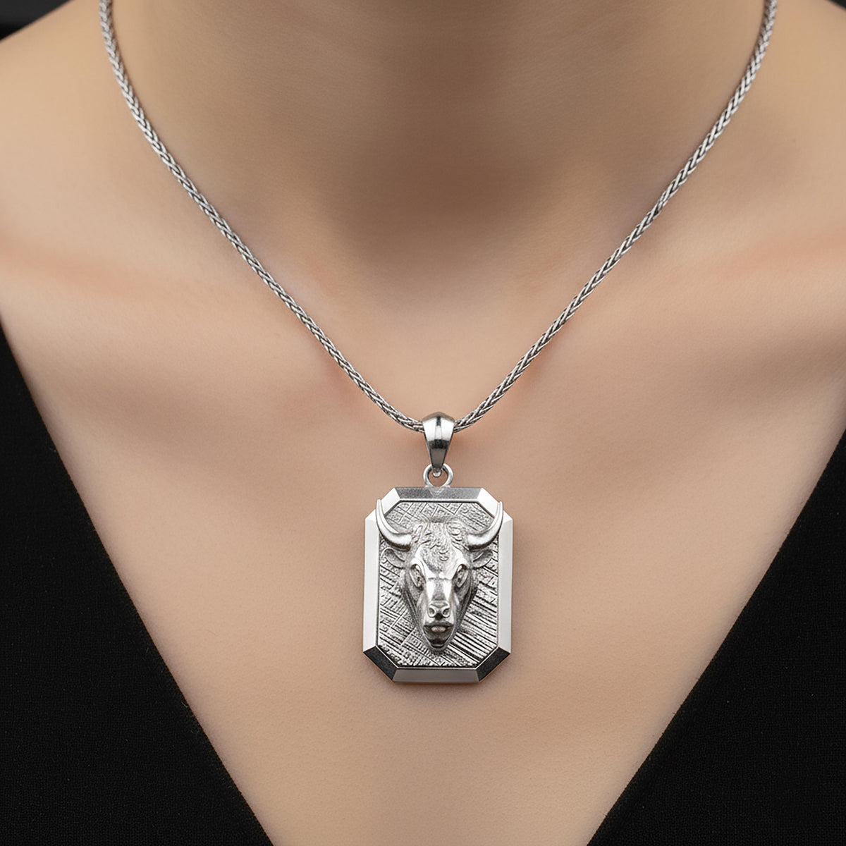 Sterling Silver Bull Head Pendant Necklace, Engravable Taurus Jewelry