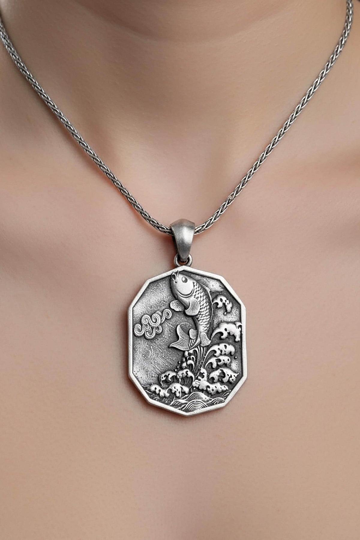 Sterling Silver Koi Fish Pendant Necklace, Handmade Amulet