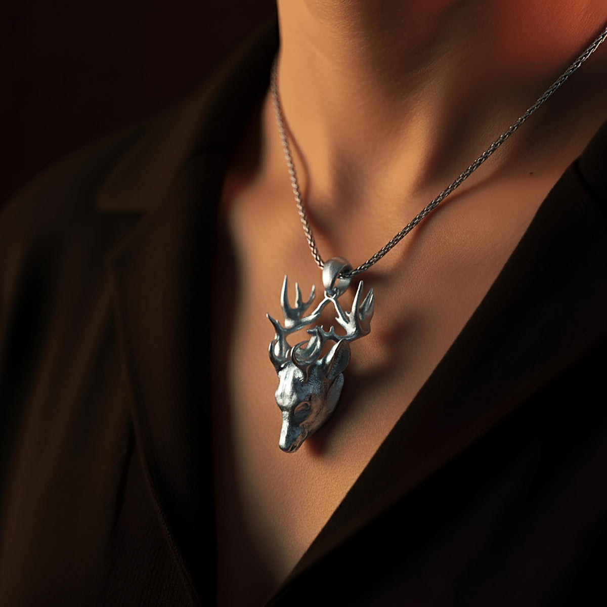 Sterling Silver 3D Deer Head Necklace, Wildlife Jewelry