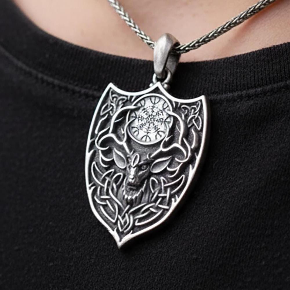 Handmade Sterling Silver Vegvisir Deer Pendant, Gothic Antler Necklace
