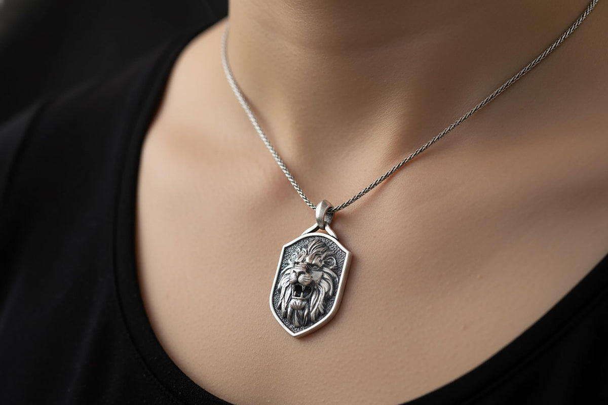 Sterling Silver Lion Pendant Necklace, Animal Jewelry