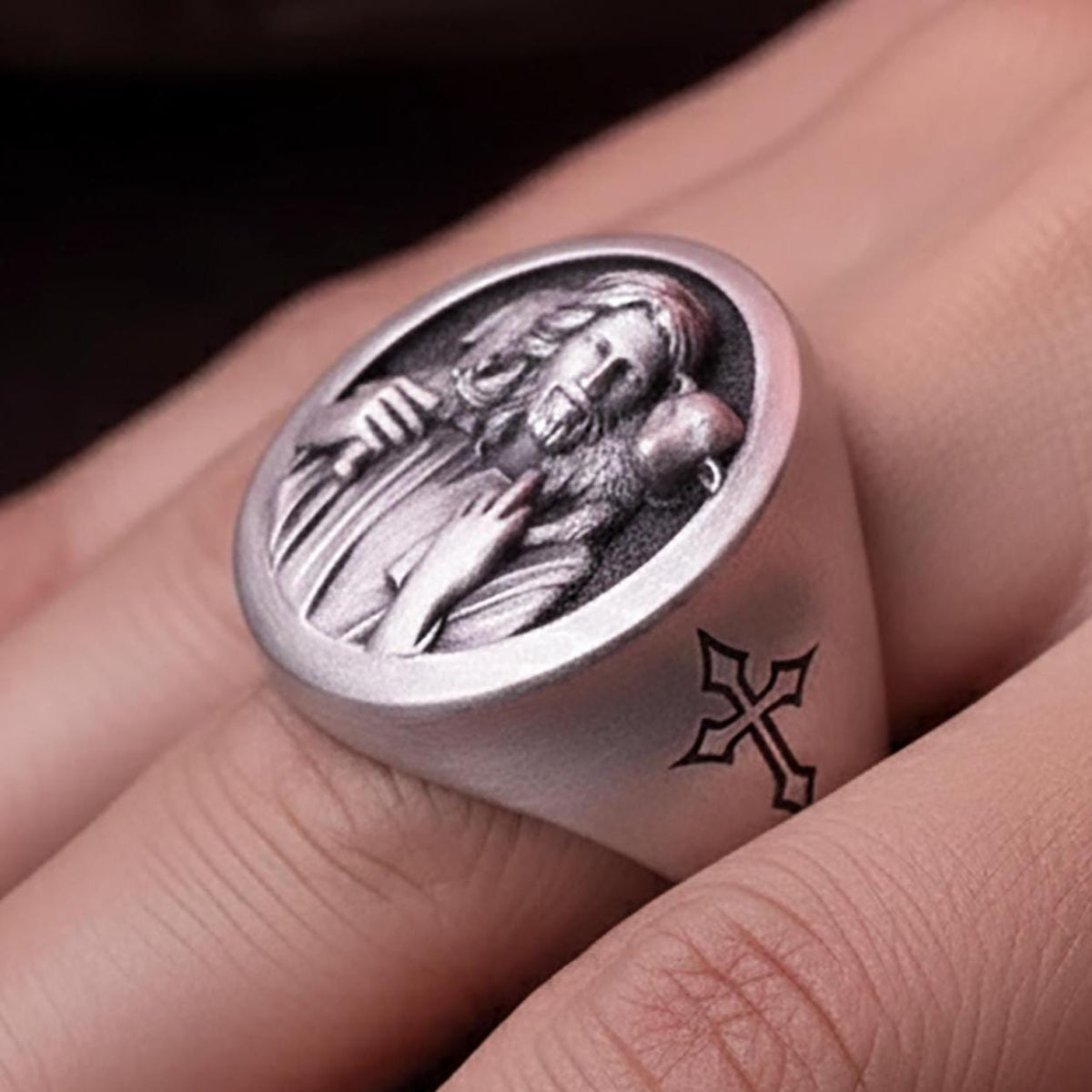 Sterling Silver Jesus Good Shepherd Ring – Christian Signet, Faith Jewelry