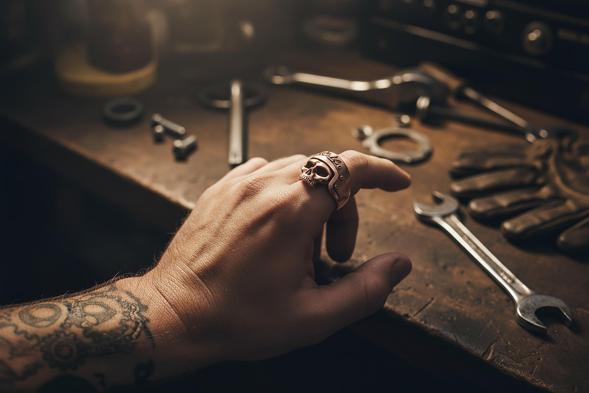 Handmade Sterling Silver Biker Skull Ring, Oxidized Gothic Jewelry
