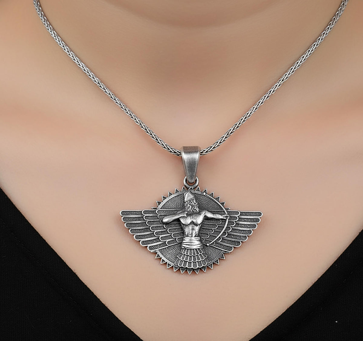 Handmade Sterling Silver Faravahar Necklace, Ancient Persian Jewelry