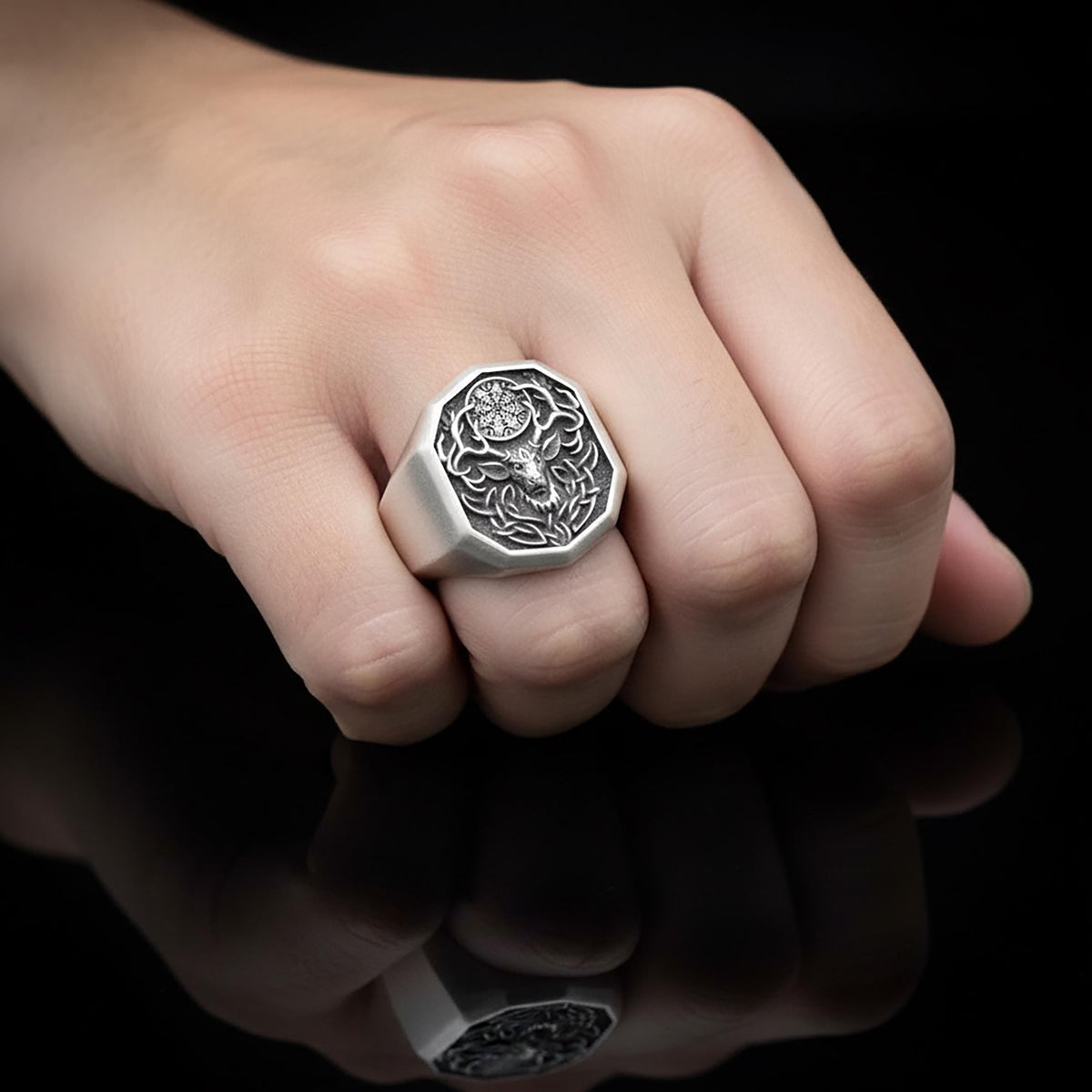 Sterling Silver Deer Vegvisir Ring – Celtic Norse Band, Engravable