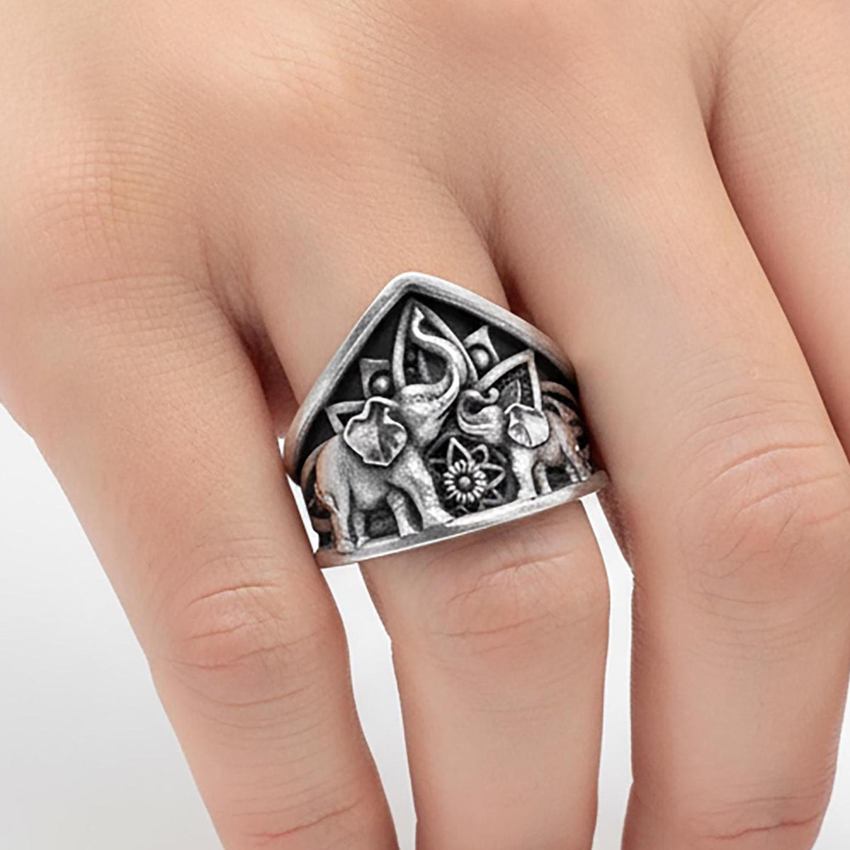 Sterling Silver Hindu Elephant Ring, Asian Inspired Jewelry