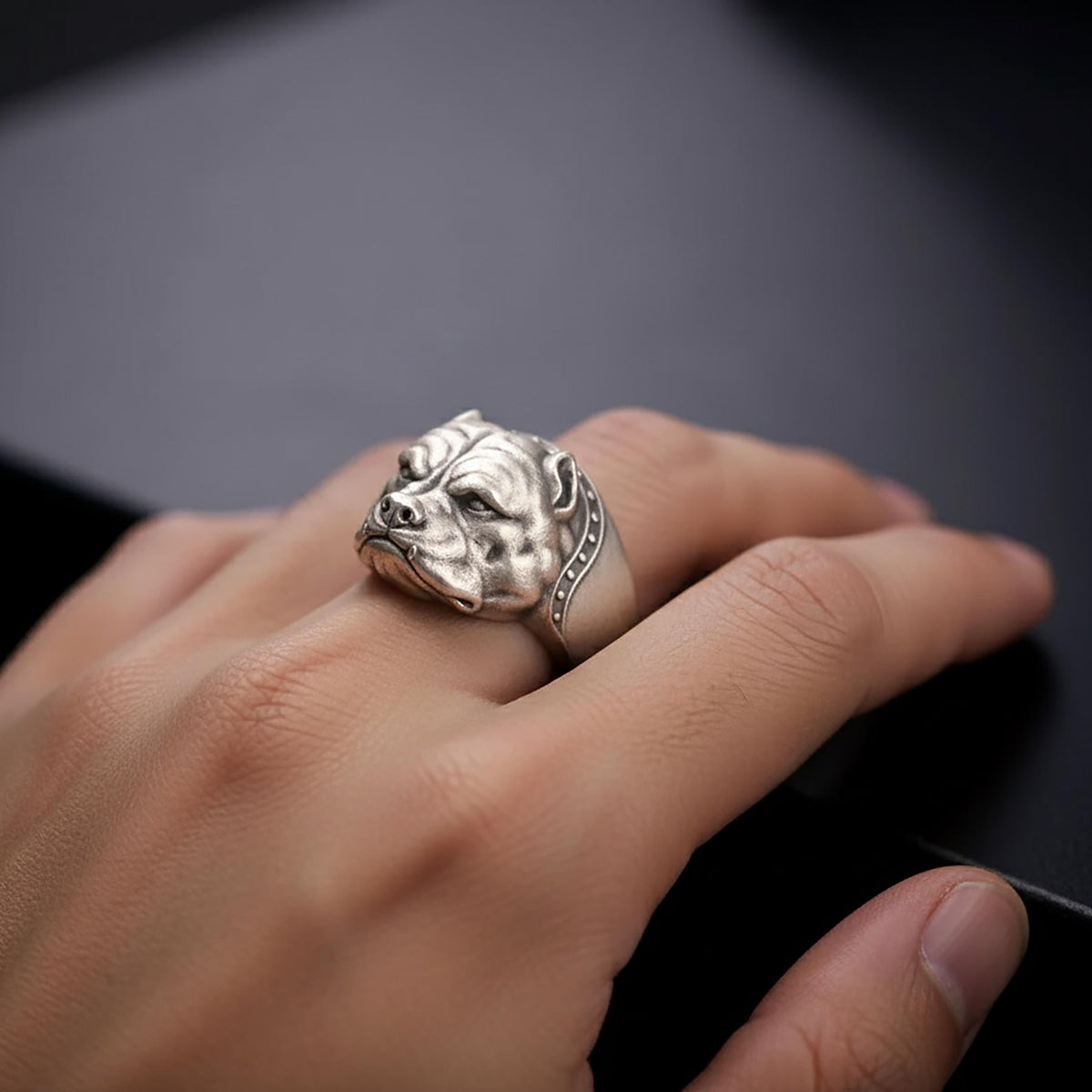 Sterling Silver Pitbull Head Ring, Biker Dog Breed Jewelry