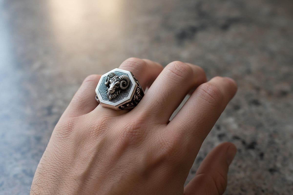 Sterling Silver Aries Ring, Ram Head, Zodiac Jewelry