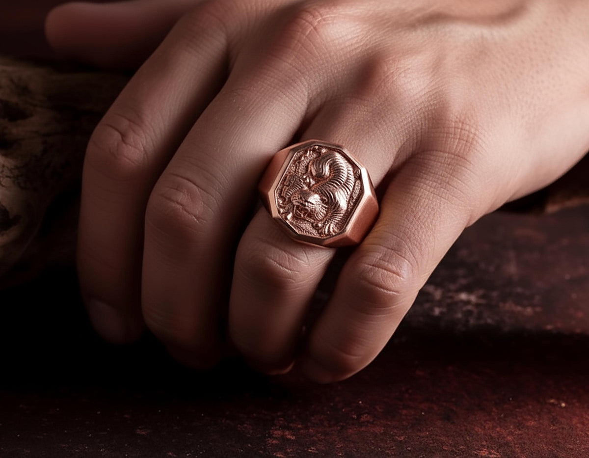 Sterling Silver Decagonal Tiger Ring – Engravable Statement Band