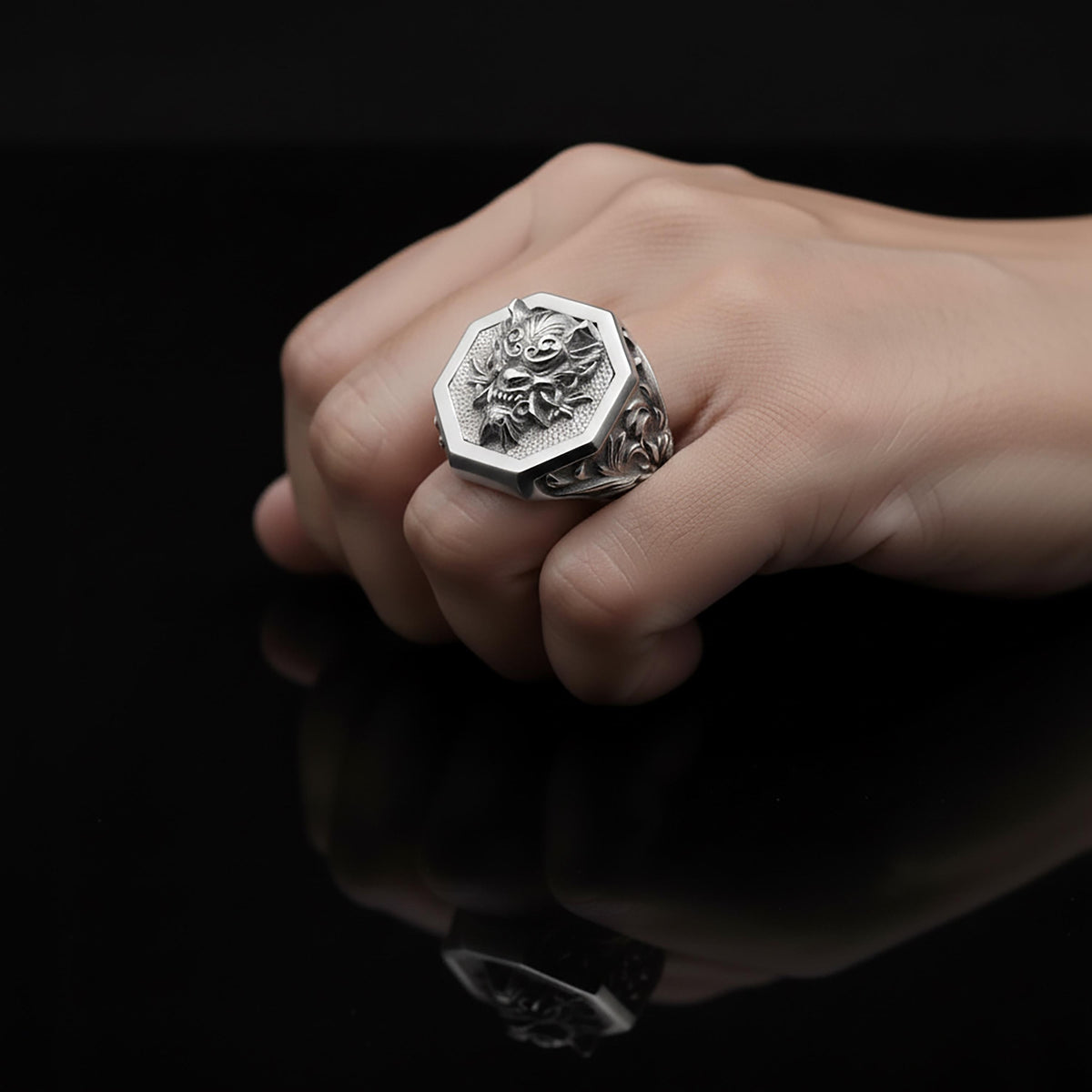 Sterling Silver Oni Mask Ring, Japanese Biker Hannya Ghost Jewelry