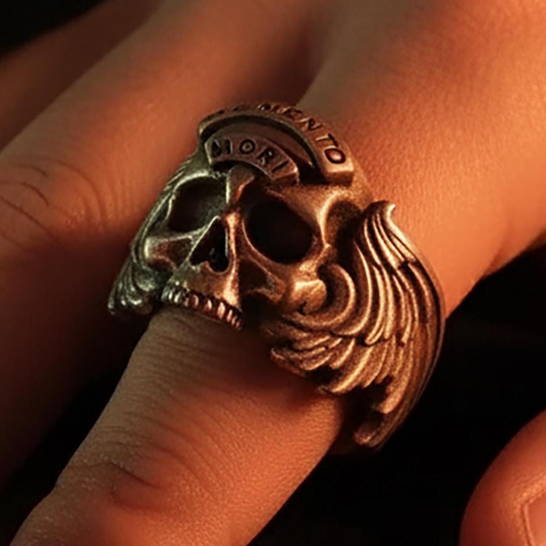 Memento Mori Skull Ring, Winged Gothic Sterling Silver Jewelry