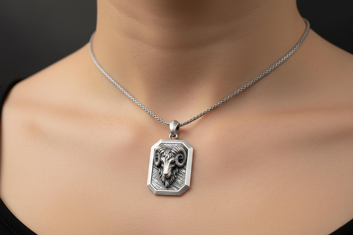 Hand Engraved Aries Ram Necklace, Sterling Silver Zodiac Pendant