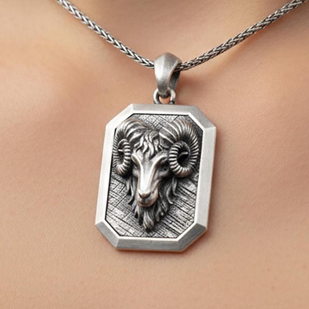 Hand Engraved Aries Ram Necklace, Sterling Silver Zodiac Pendant