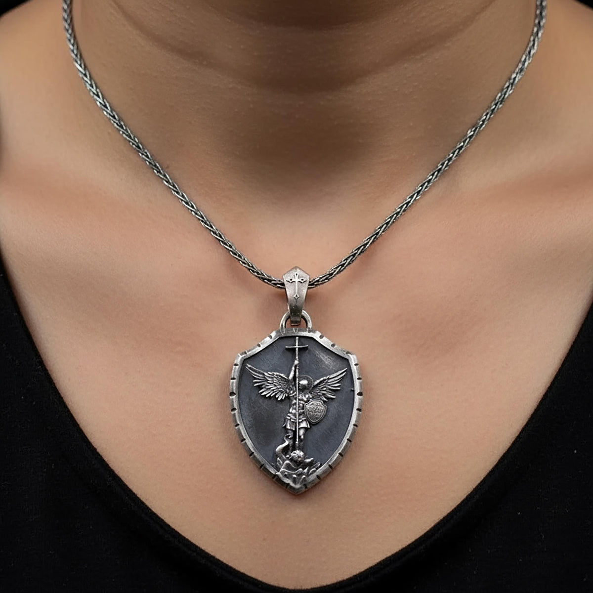 Sterling Silver St. Michael Shield Pendant – Archangel Defeats Satan Medal