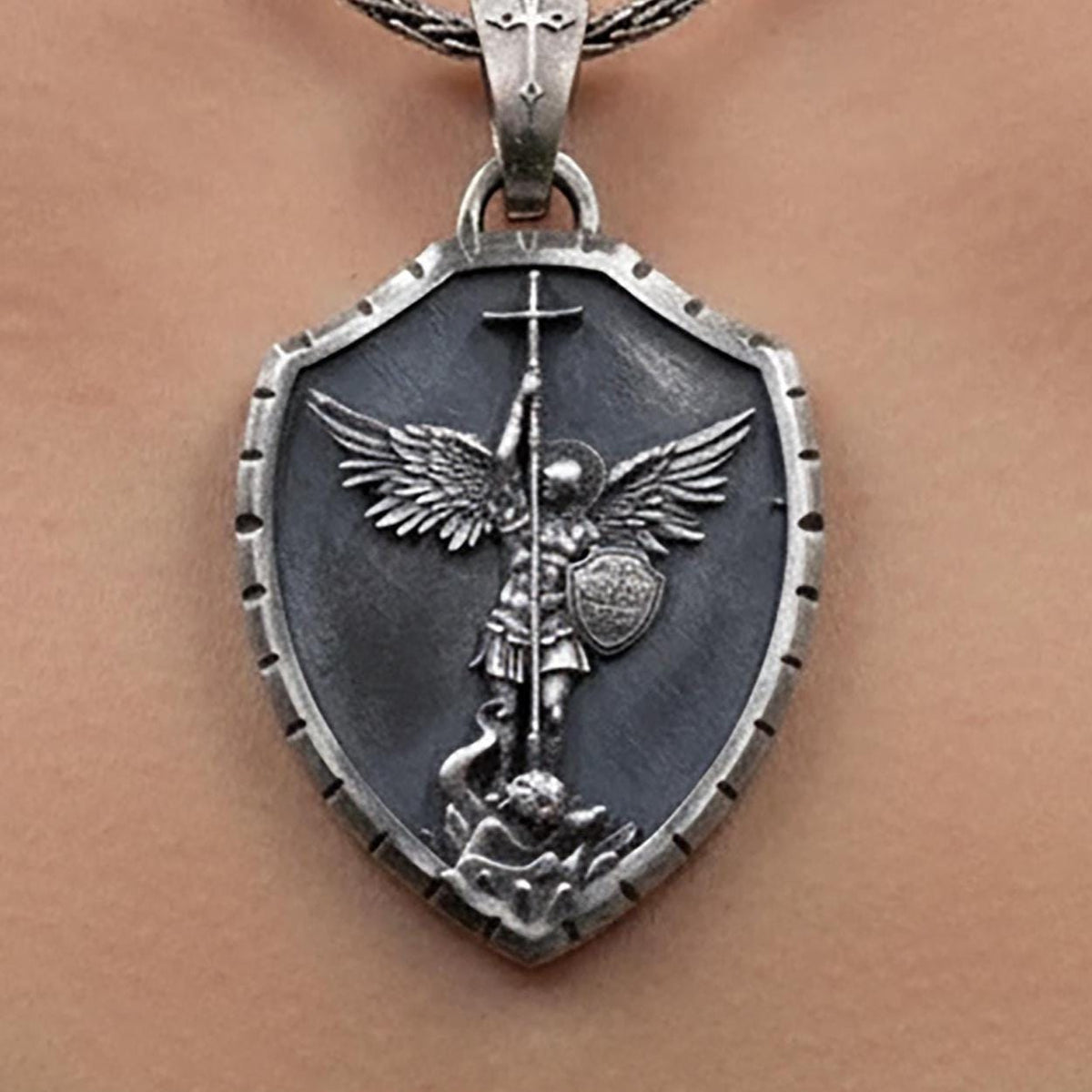 Sterling Silver St. Michael Shield Pendant – Archangel Defeats Satan Medal