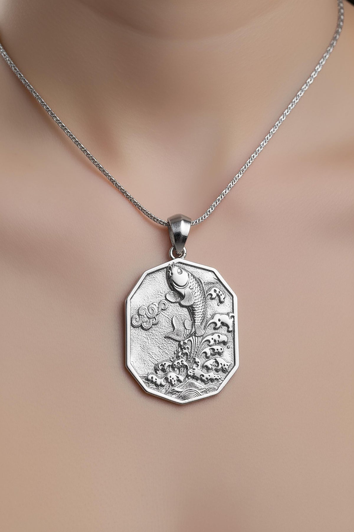 Sterling Silver Koi Fish Pendant Necklace, Handmade Amulet