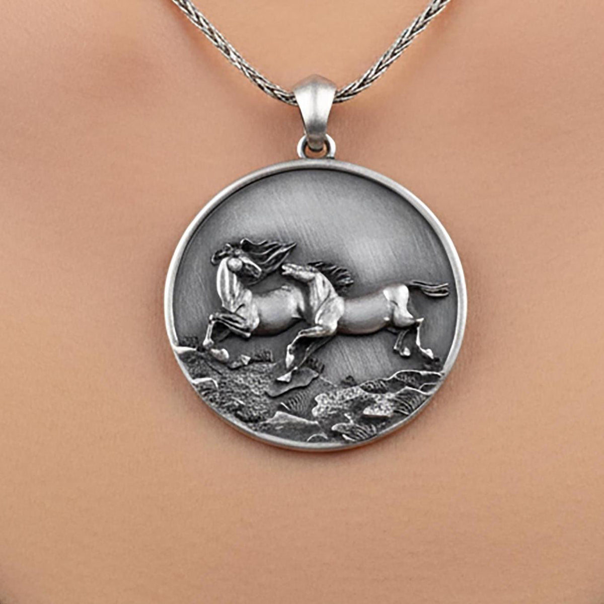Sterling Silver Running Horse Pendant – Equestrian Medallion Necklace