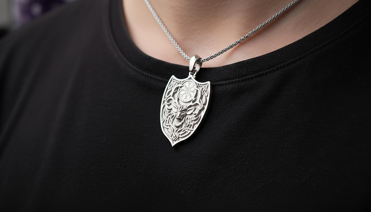 Handmade Sterling Silver Vegvisir Deer Pendant, Gothic Antler Necklace