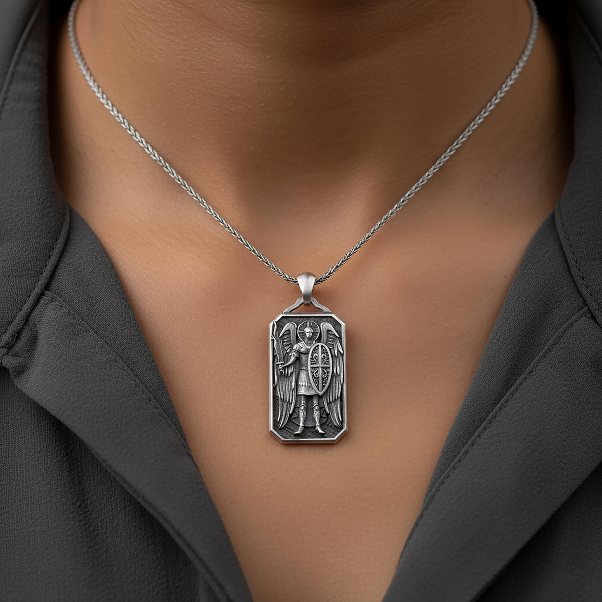 Archangel Michael Pendant – Shield of Protection Christian Necklace – Sterling Silver Saint Medal Jewelry