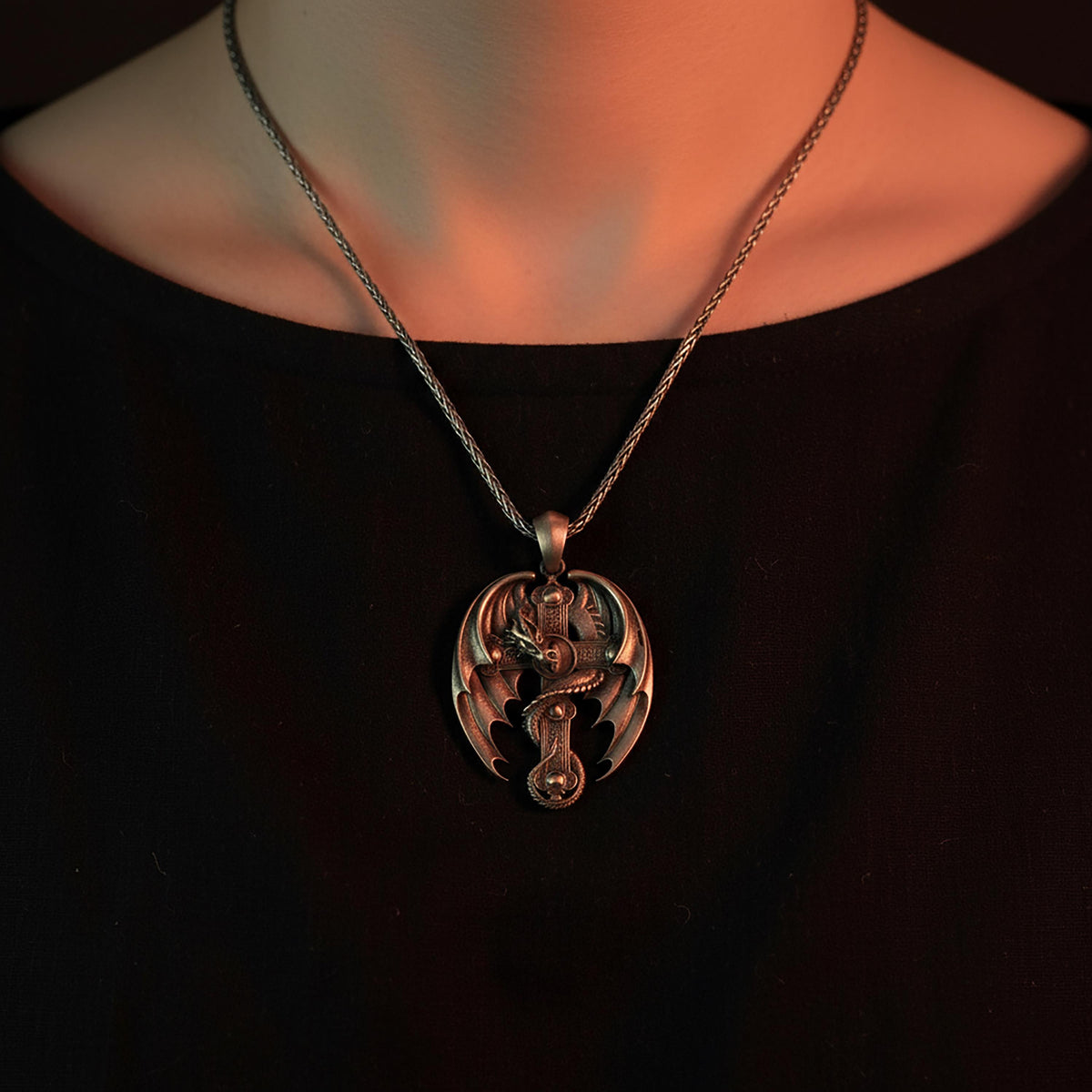 Sterling Silver Dragon Cross Pendant, Celtic Medieval Jewel