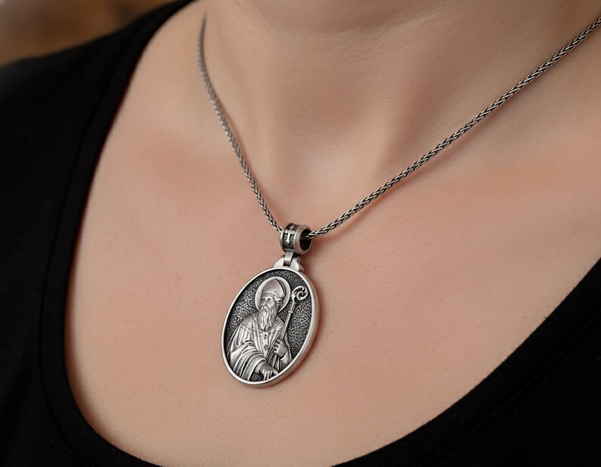 Handmade Sterling Silver Saint Patrick Pendant Necklace, Engraved Irish Heritage