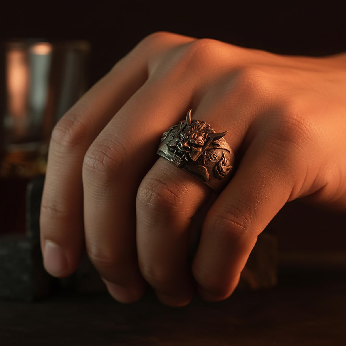 Sterling Silver Oni Demon Ring, Yokai Samurai Accessory