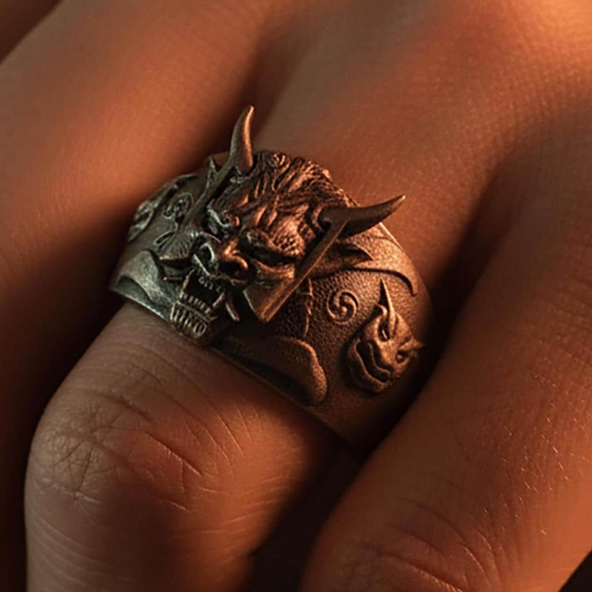 Sterling Silver Oni Demon Ring, Yokai Samurai Accessory