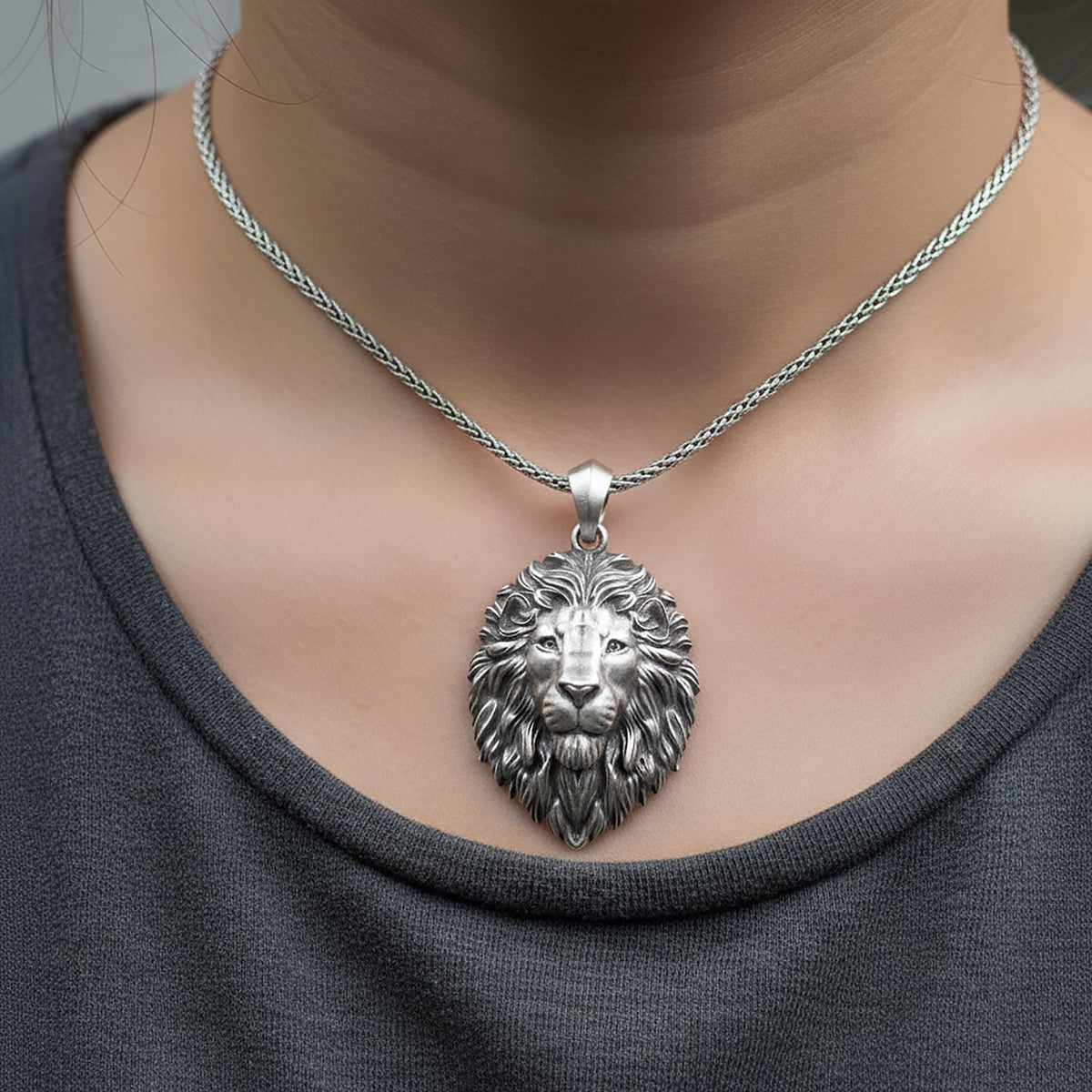Sterling Silver Lion Necklace, Lion Head Pendant for Men