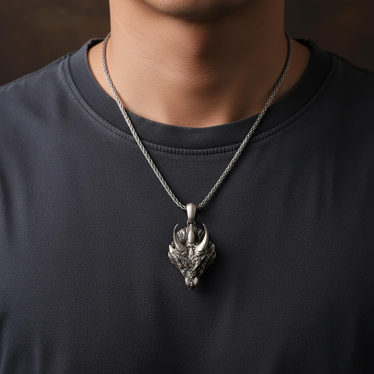 Handcrafted Sterling Silver Horned Dragon Pendant Necklace, Gothic Jewelry