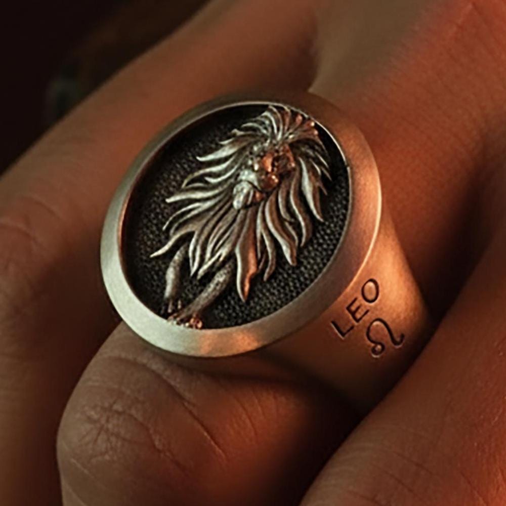 Zodiac Leo Ring, Lion Sign Symbol, 925 Sterling Silver