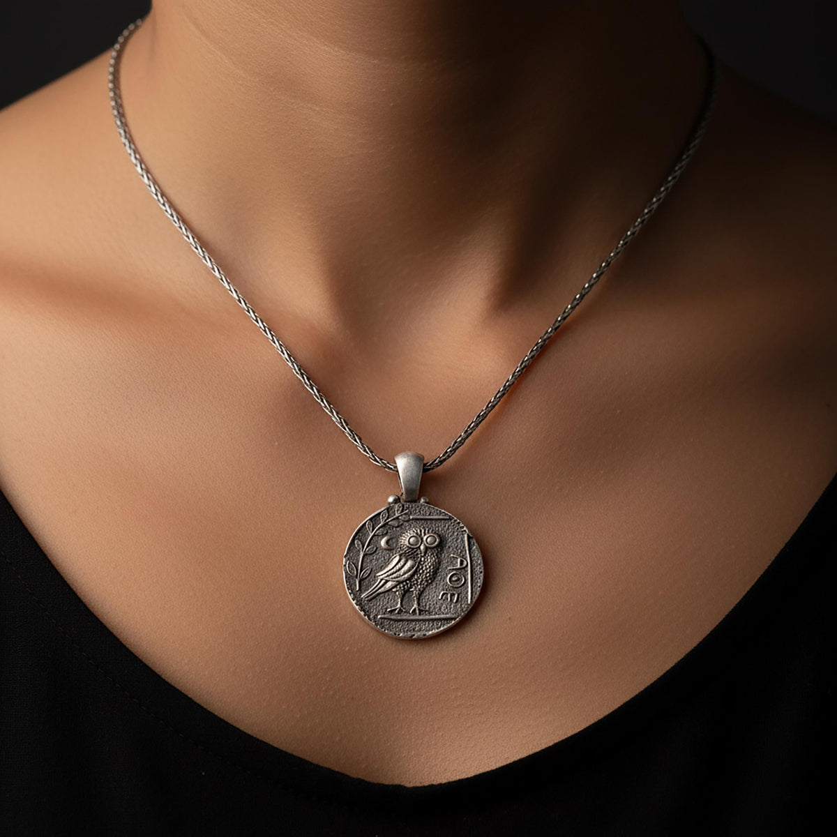 Sterling Silver Athena Owl Coin Necklace, Ancient Greek Jewelry