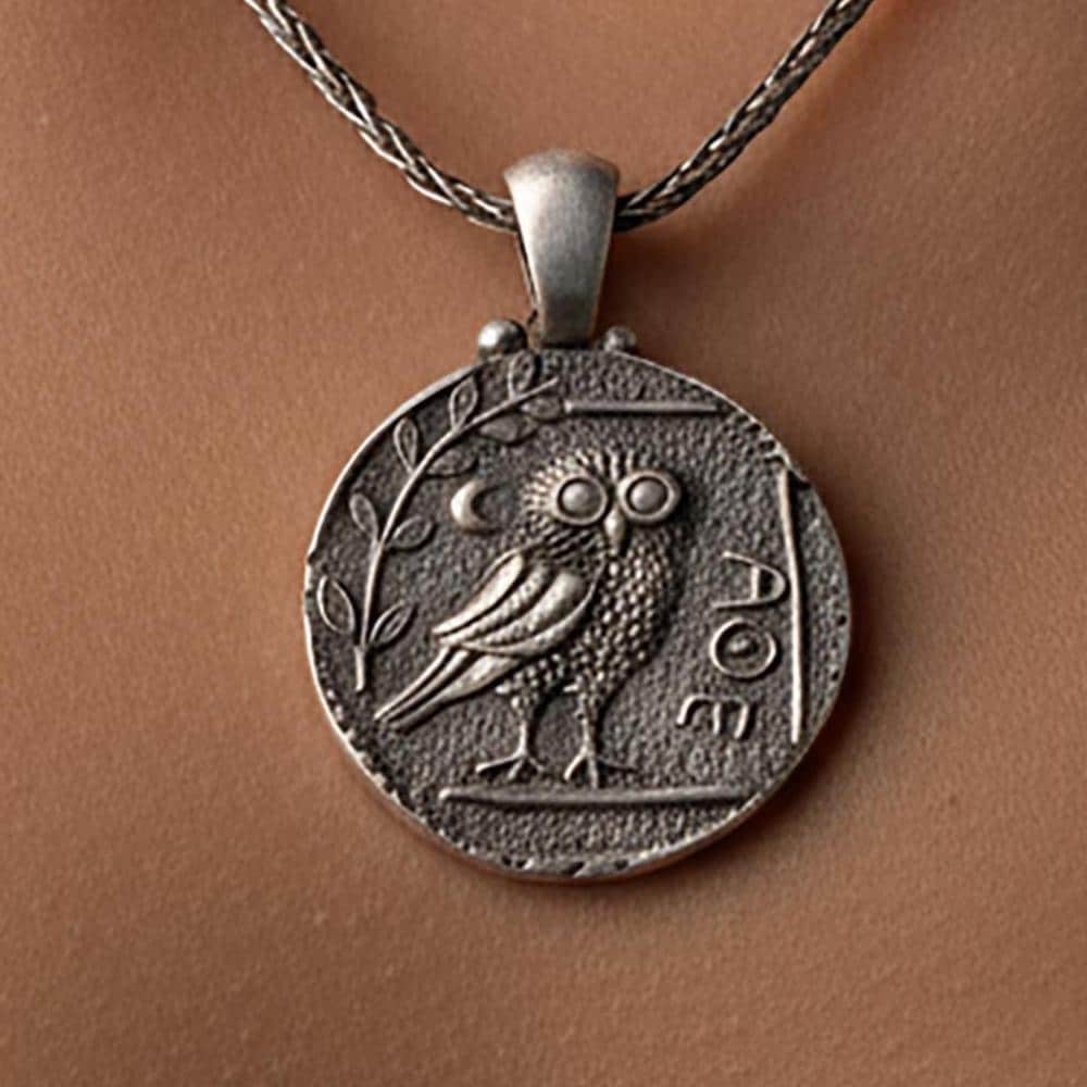 Sterling Silver Athena Owl Coin Necklace, Ancient Greek Jewelry