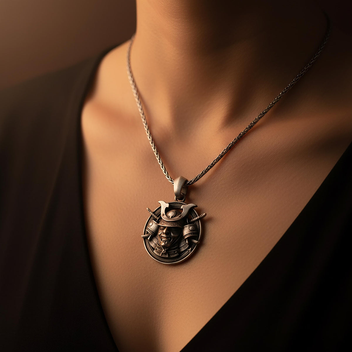 Sterling Silver Samurai Helmet Pendant, Feudal Japan Necklace