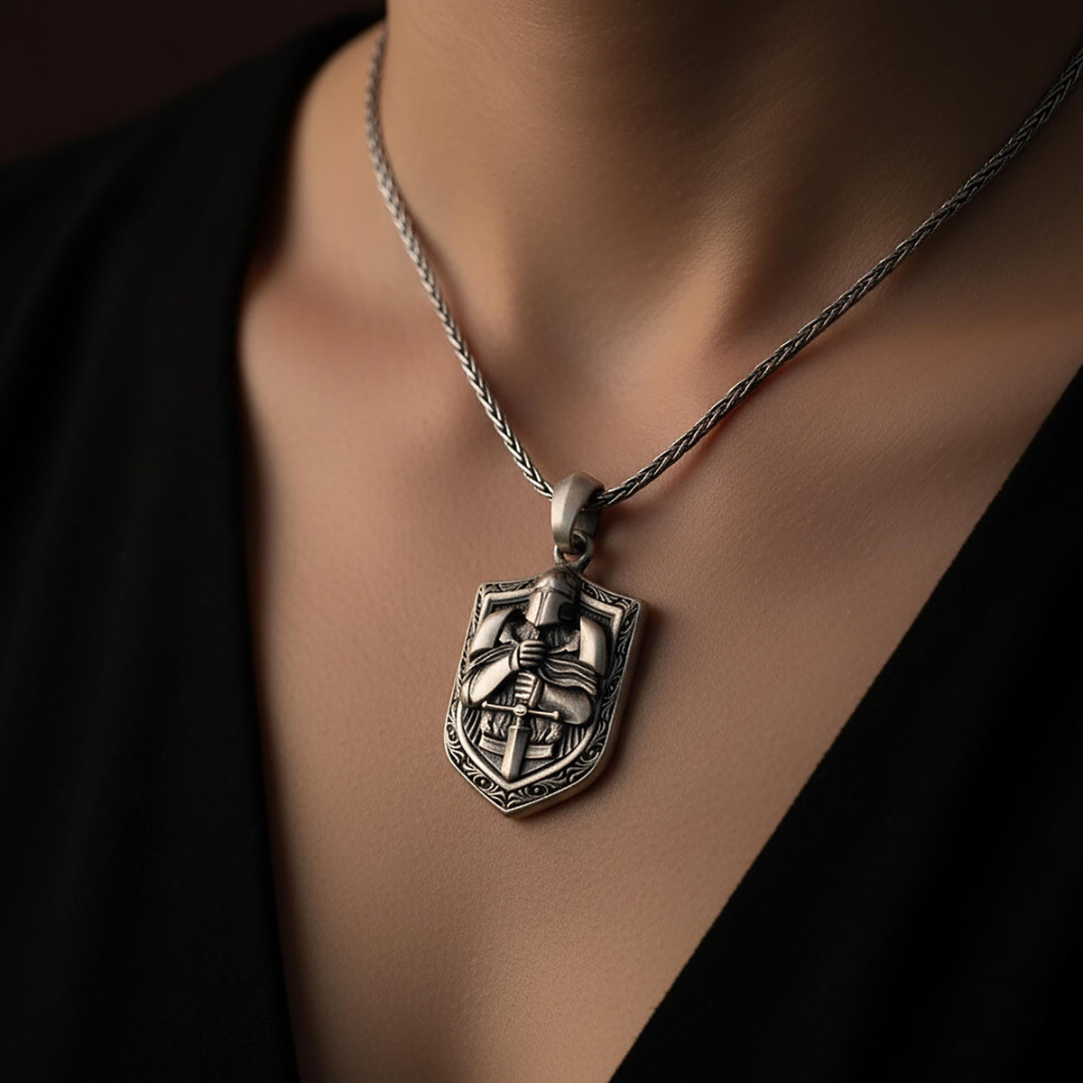 Sterling Silver Crusader Knight Pendant, Sword Holder Necklace