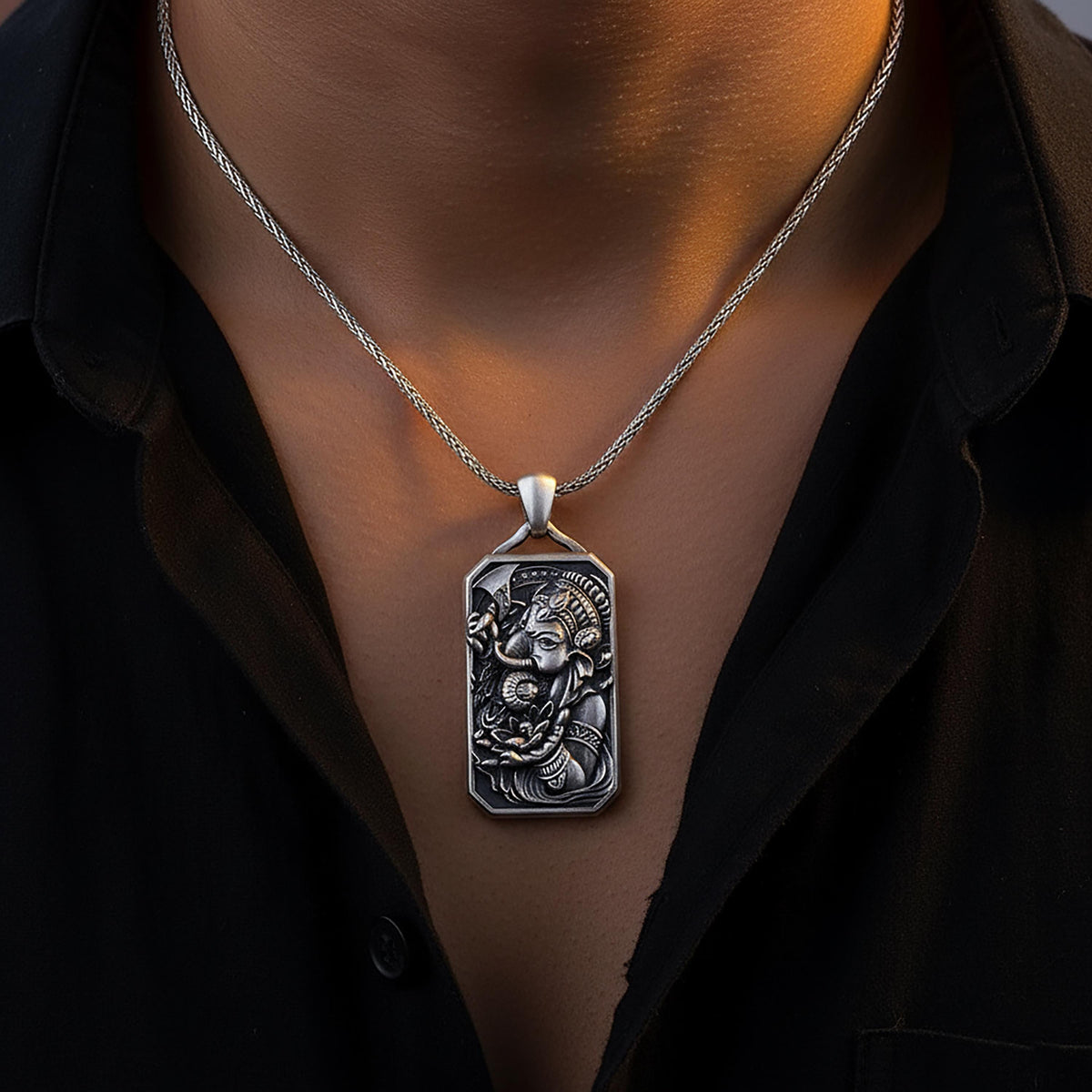 Ganesha Close-Up Pendant – Fierce Hindu Deity in Solid Sterling Silver – Elephant God Talisman Amulet