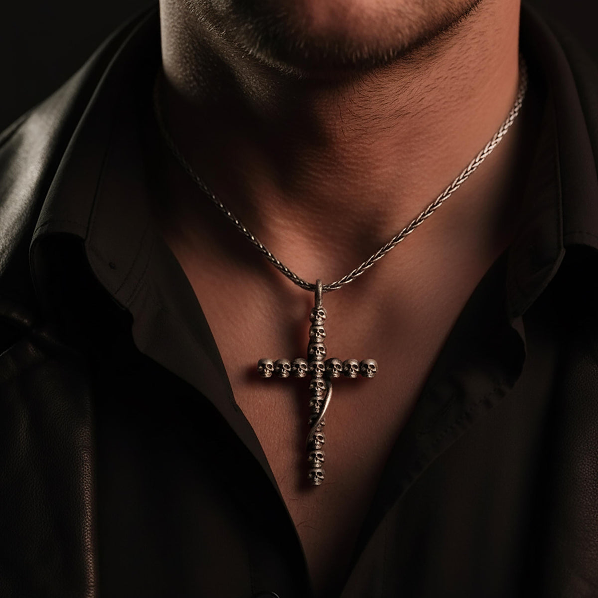Sterling Silver Skull Cross Necklace, Gothic Biker Pendant