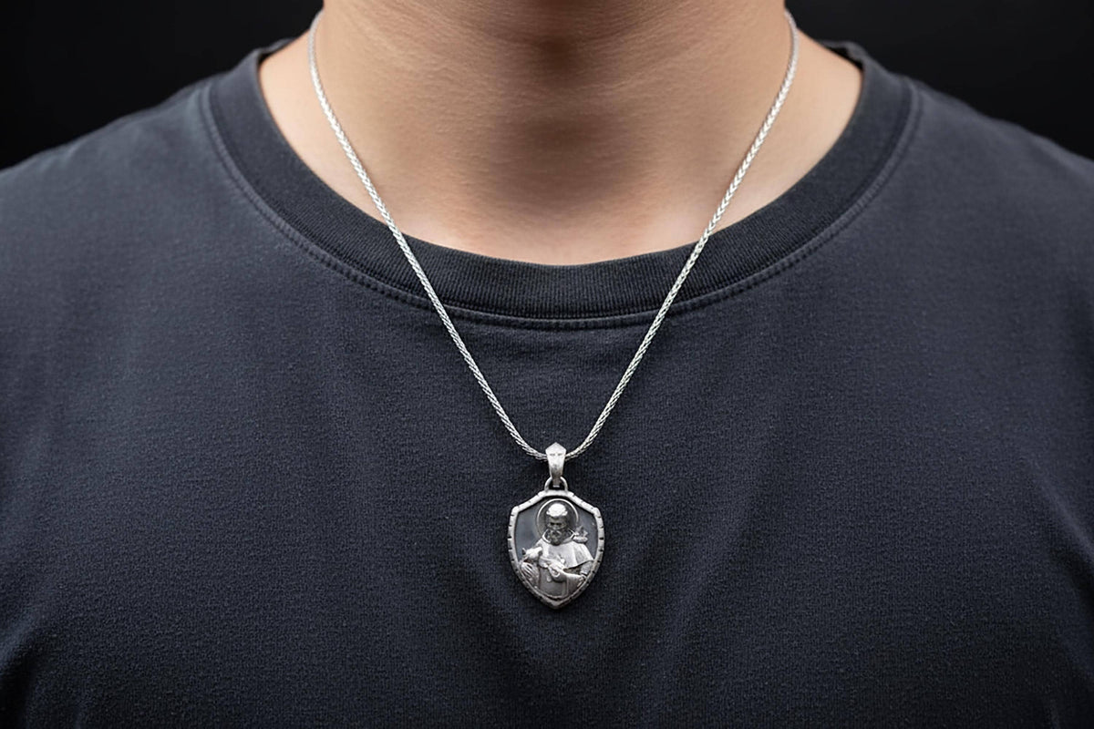 Sterling Silver St. Francis Shield Pendant – Patron Saint of Animals