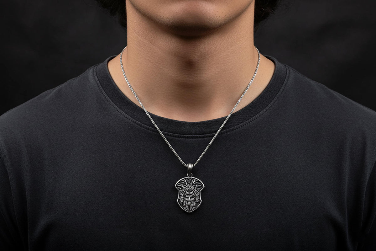 Sterling Silver Aztec Necklace, Mayan Mythology Pendant, Unisex Jewelry