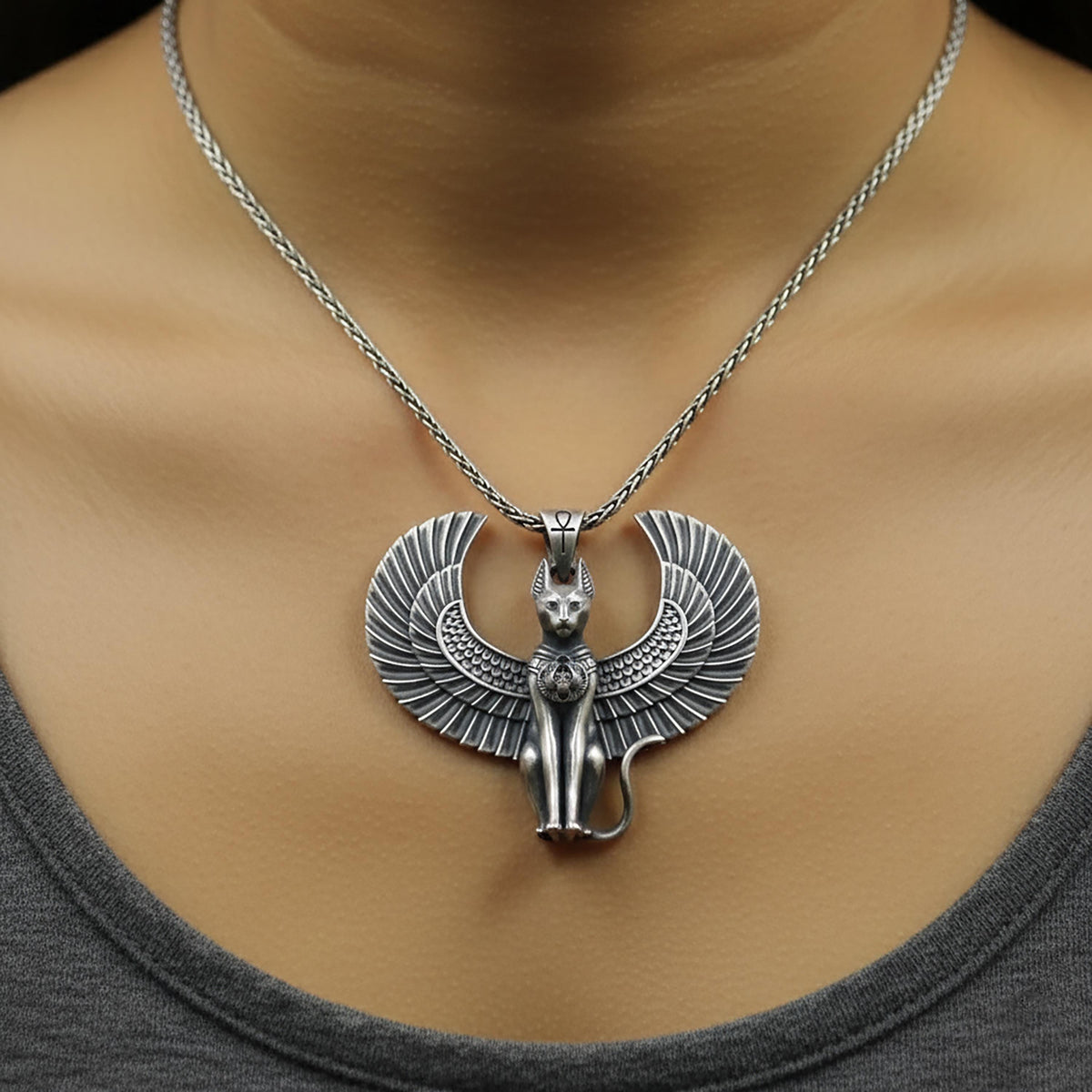 Sterling Silver Egyptian Cat Sphinx Necklace: Ankh Pendant