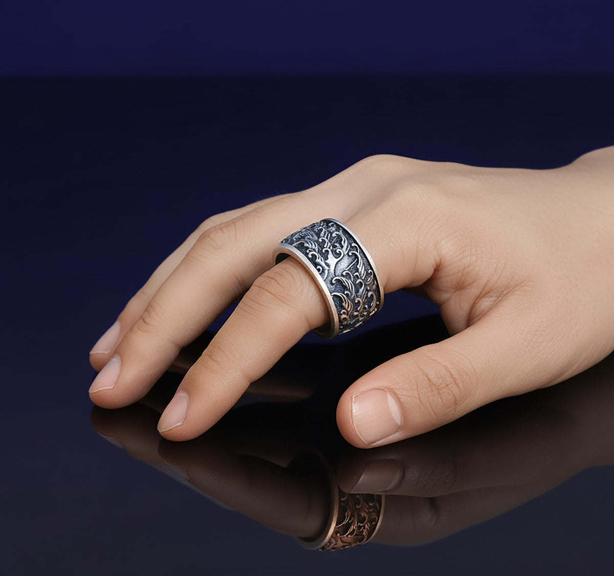 Carp and Waves Sterling Silver Ring, Japanese Art Jewelry