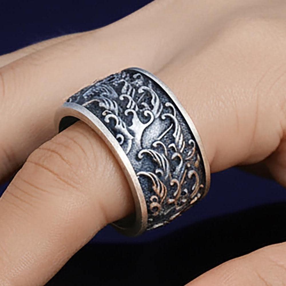 Carp and Waves Sterling Silver Ring, Japanese Art Jewelry