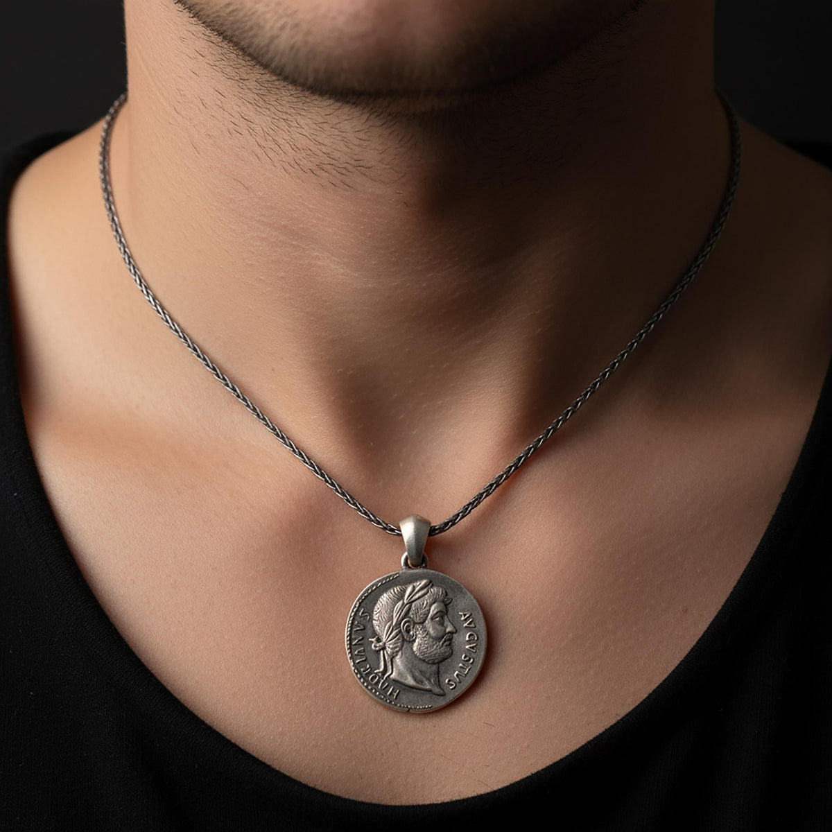 Sterling Silver Augustus Coin Charm Necklace, Roman Emperor Jewelry