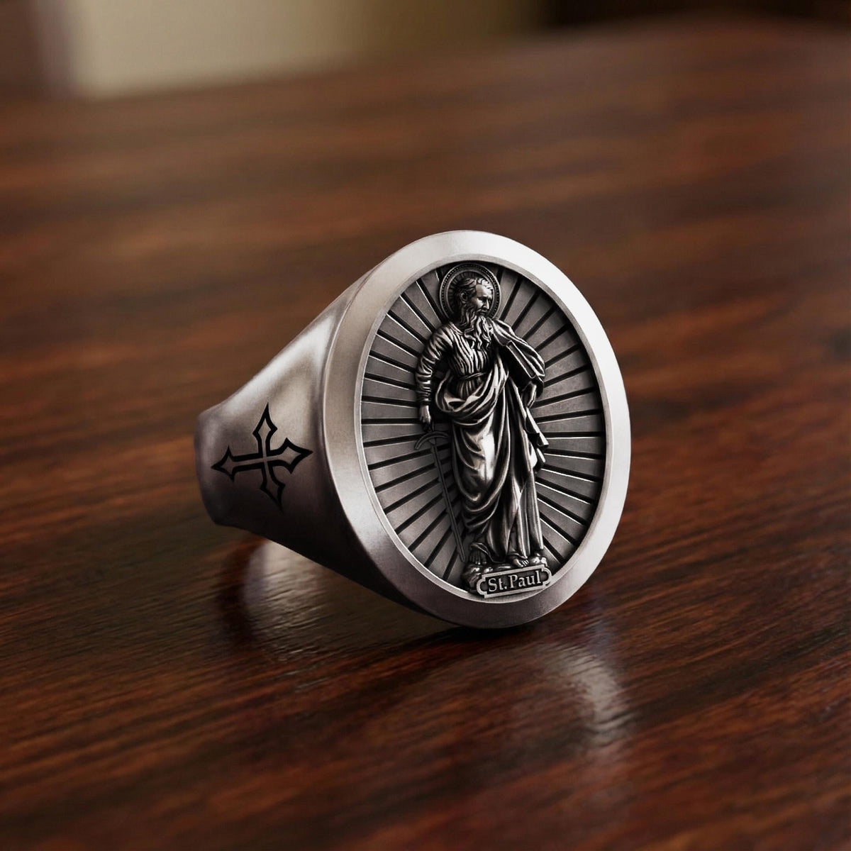 Saint Paul Ring – Sterling Silver Radiant Christian Signet with Apostle Paul Icon