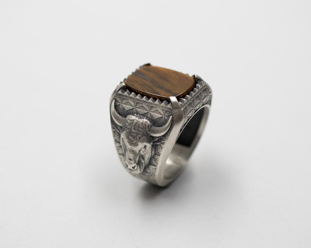 Black Onyx Bull Head Ring, 925 Sterling Silver Gothic Taurus Ring