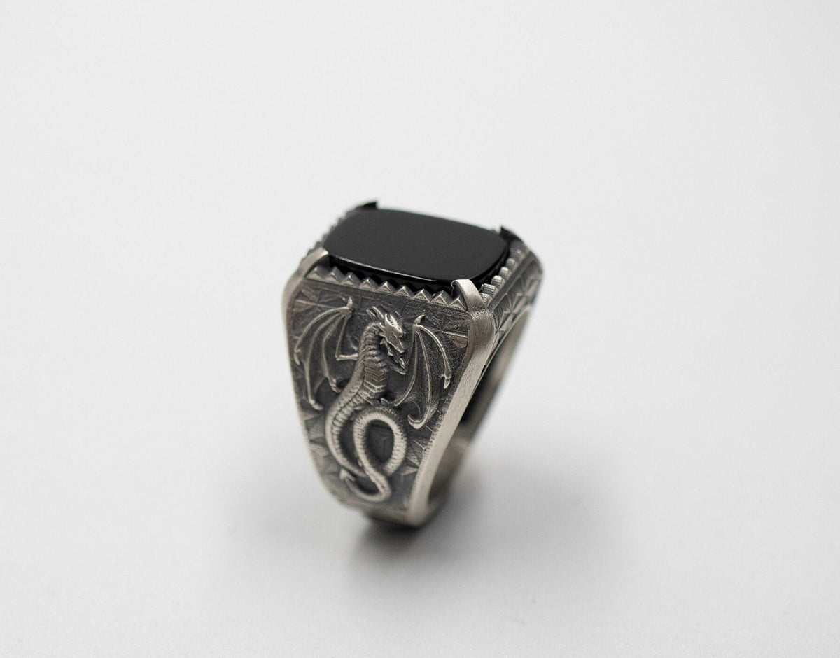 Handmade Sterling Silver Dragon Ring, Black Onyx Gemstone, Norse Mythology