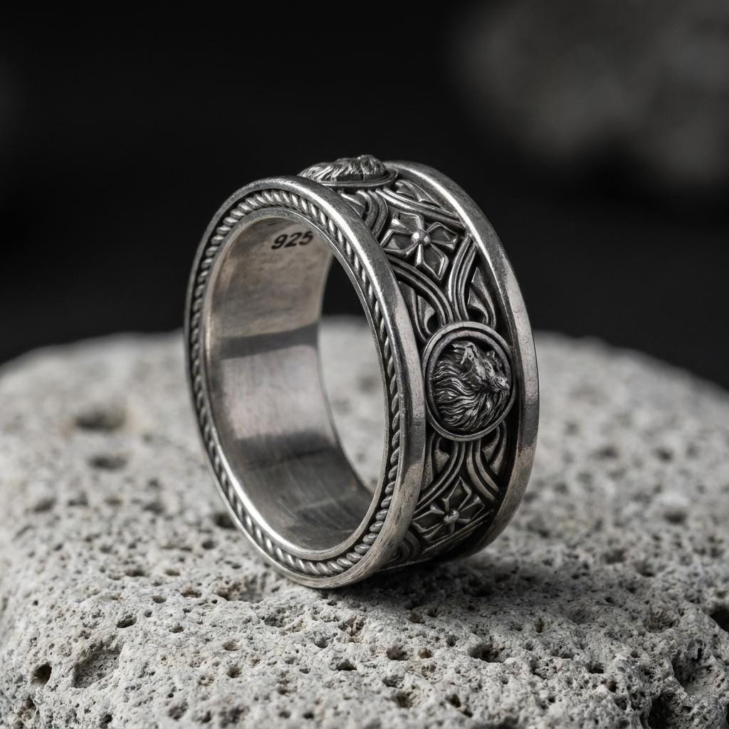 Sterling Silver Lion of Judah Engraved Band Ring, Judaic Wedding Symbol