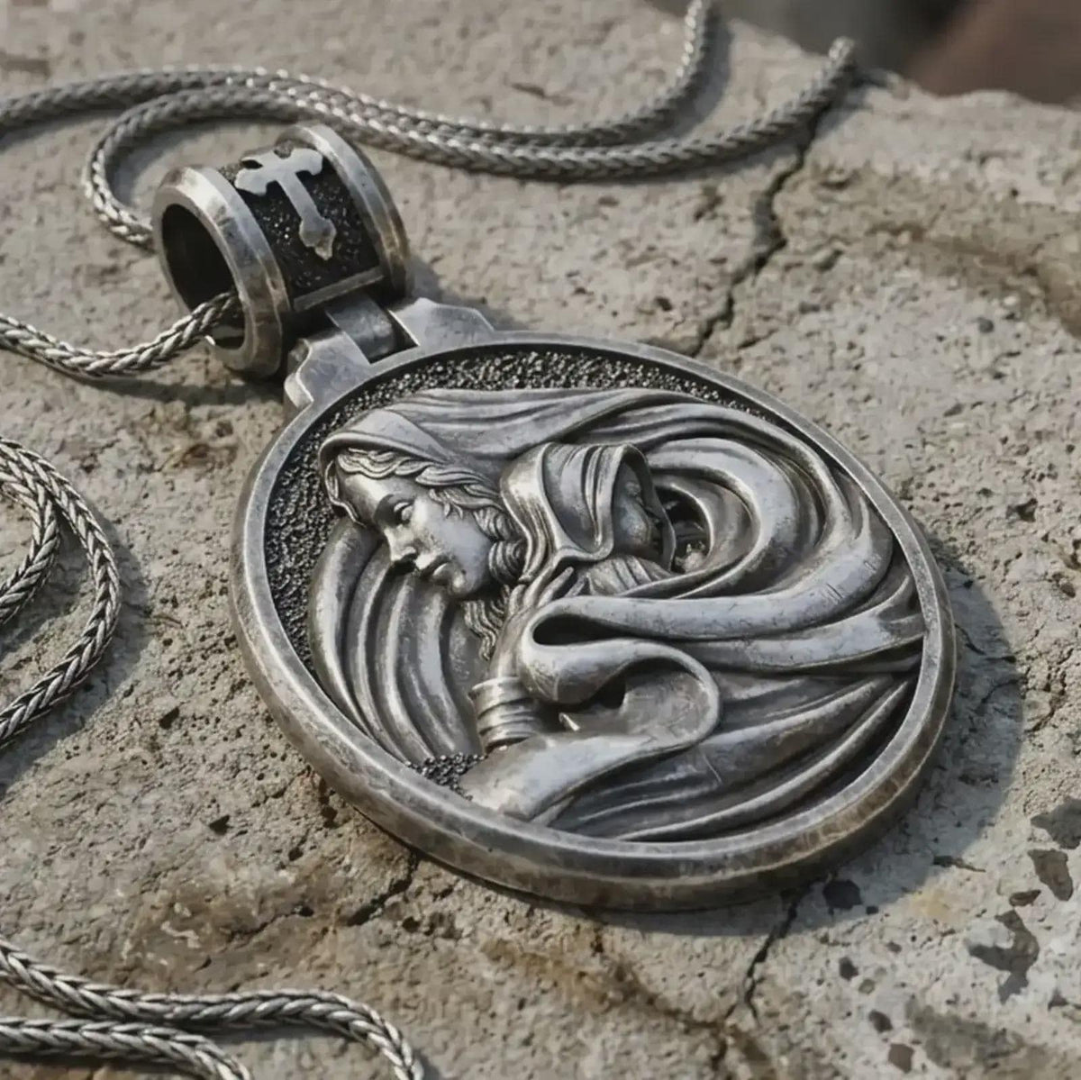 Sterling Silver Mother Mary Pendant – Catholic Marian Protection Medal