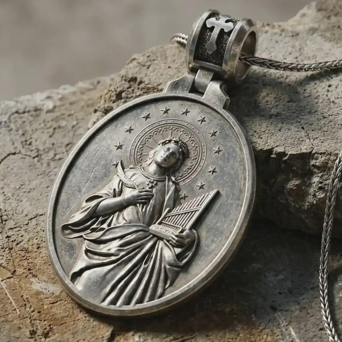 Saint Cecilia Pendant Necklace, 925 Silver Christian Medallion, Patron of Musicians Catholic Gift
